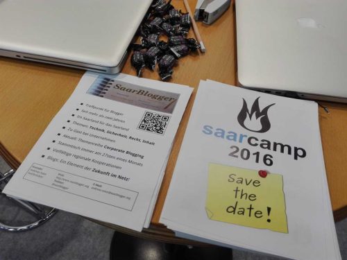 Das SaarCamp erhielt gerne Unterstützung durch die Möglichkeit, Flyer für die Veranstaltung 2016 auszulegen.